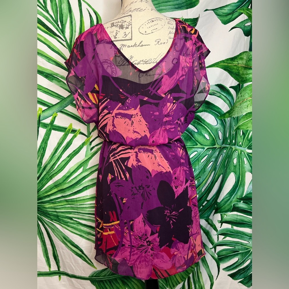 Express S Pink Purple Floral Colorful Layered Casual Spring Summer Dress - Picture 2 of 14